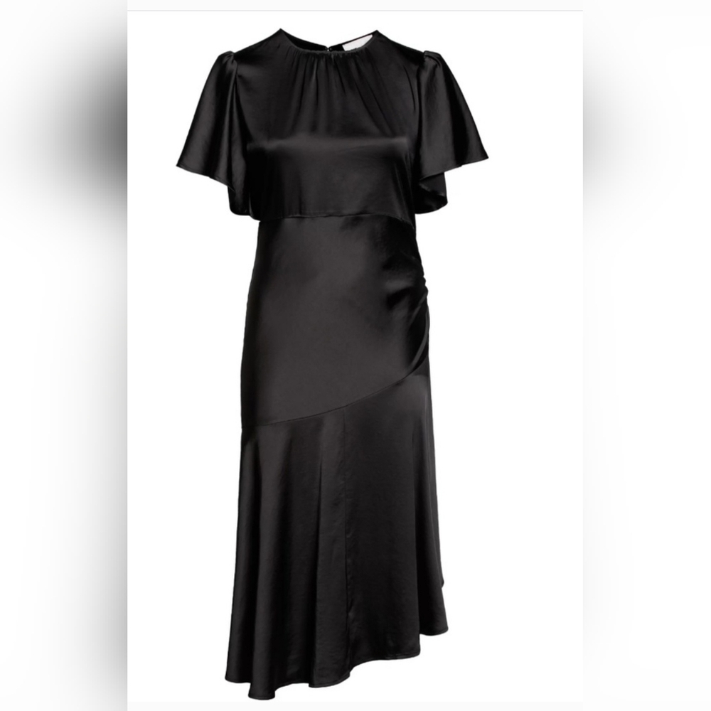 Chelsea28 Black Asymmetrical Satin Midi Dress With Side Gathering